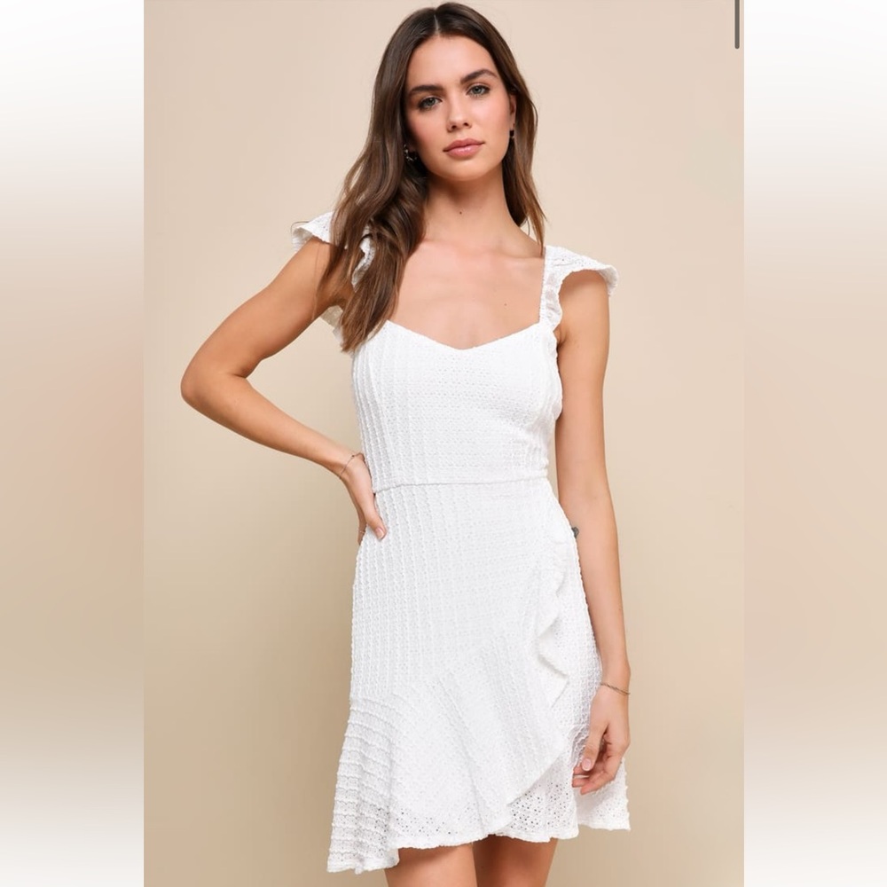 NWT Lulus Darling Sweetness White Textured Faux-Wrap Mini Dress (Size S)